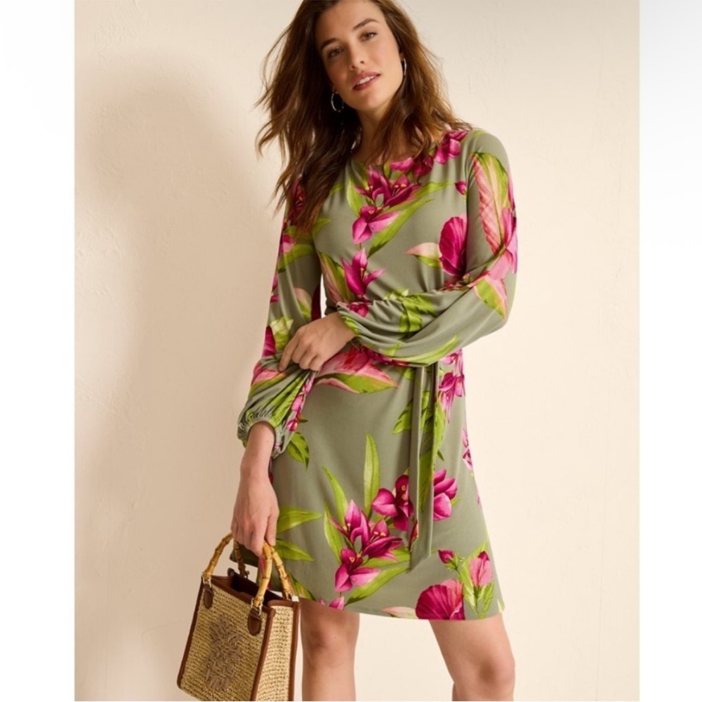 NWT Tommy Bahama Lavish Blooms Long Sleeve Green Pink Minidress Size Large